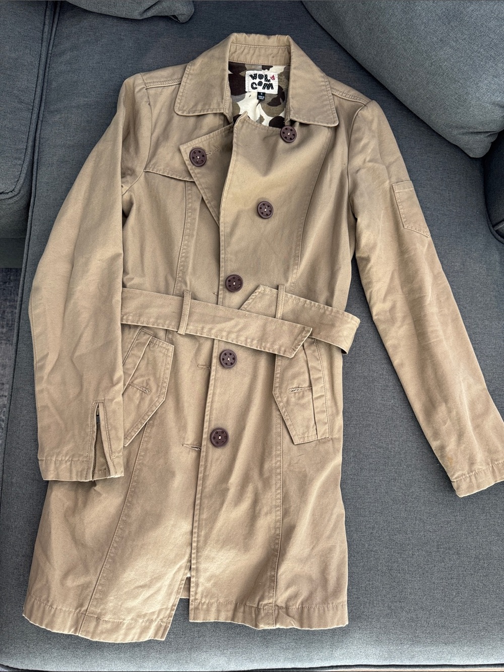 Volcom Women's Khaki Tan Trench Coat with Belt